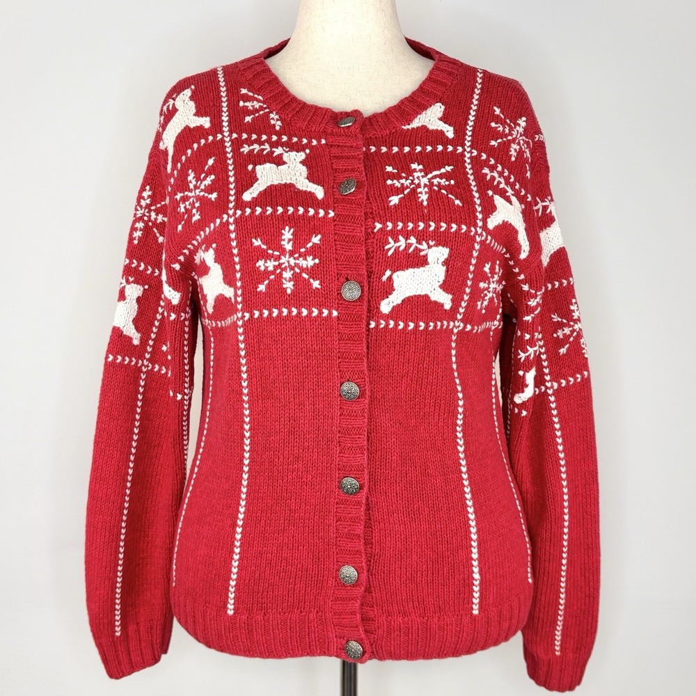 Eagle's Eye Cardigan Sweater Women's XL Red Christmas Holiday Reindeer Snowflake